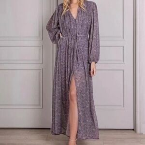 Senlis‎ Purple Bird Print Sinclair Tie Neck Puff Sleeve Maxi Dress. Size S